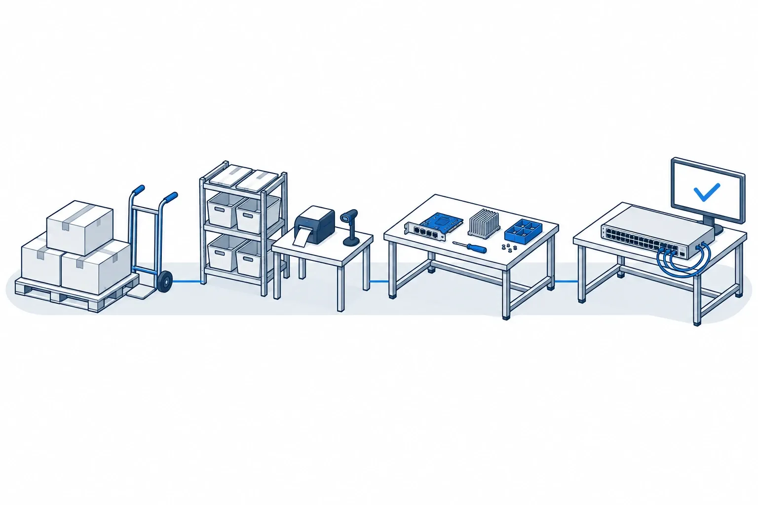 The line from intake to test: a pallet of incoming equipment, shelving and a label printer for cataloguing, an assembly bench with an adapter card and heatsink, and a test bench with a switch connected to a monitor showing a pass.